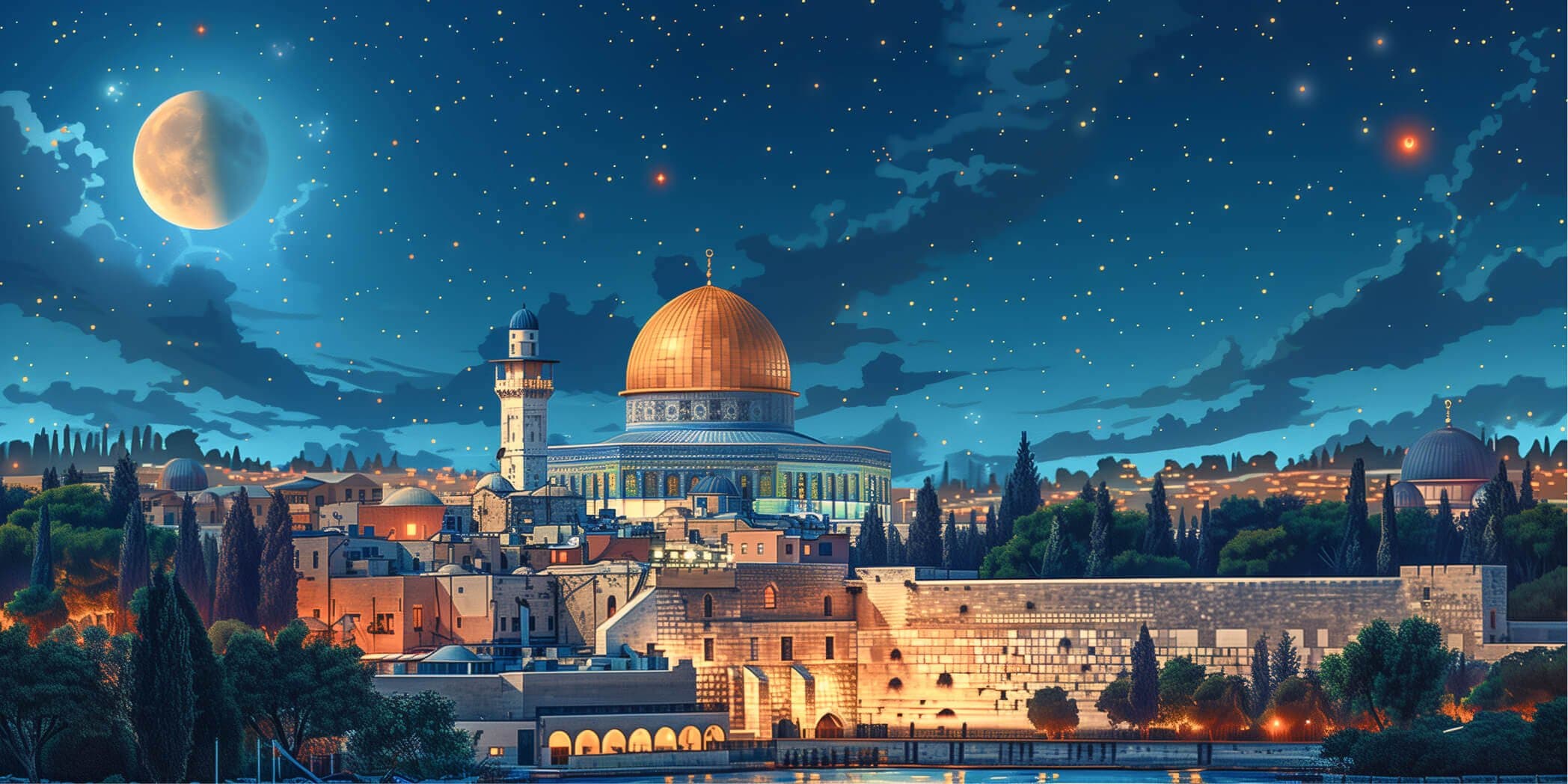 Stylized drawing of Masjid Al Aqsa at night